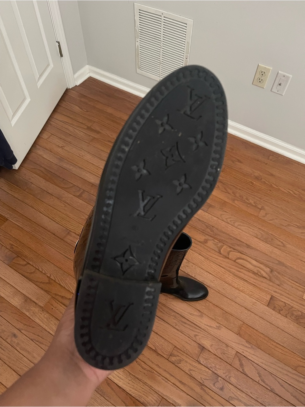 Louis Vuitton Glossy Black Monogram Rain Boots with Gold-Tone Accent - Picture 2 of 3